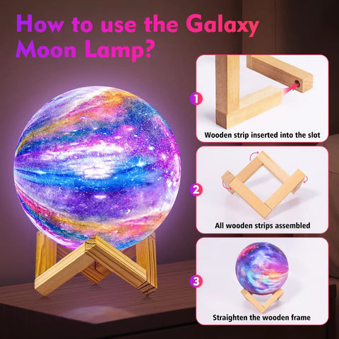 Galaxy Moon Lamp 4.8 Inch With Wood Stand, showing assembly steps for the wooden frame; colorful LED moon light display.