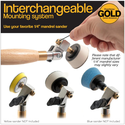 Peachtree interchangeable bowl sander mounting system with 1/4 in mandrel; shows yellow, white, and blue sanding heads.