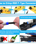 Steps to use the Coax Cable Crimping Kit With Wire Stripper And 20 F Connectors For RG6 RG59 RG11 Coax A Pro Grade Easy Grip.