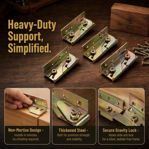 No Nonsense Heavy Duty Bed Rail Brackets Kit with galvanized steel connectors and secure gravity lock, set of 4.
