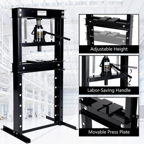 Heavy Duty 20 Ton H Frame Hydraulic Shop Press With Adjustable Table Steel Frame showing adjustable height and labor-saving handle.
