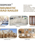 Pneumatic 18 Gauge Brad Nailer for woodworking, cabinets, windows, construction, and furniture projects with continuous firing function