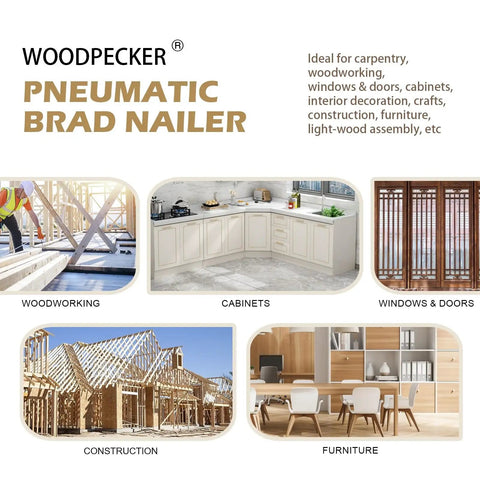 Pneumatic 18 Gauge Brad Nailer for woodworking, cabinets, windows, construction, and furniture projects with continuous firing function