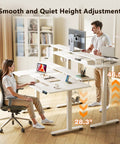 U Shaped Electric Standing Desk with Keyboard Tray and Monitor Stand in use, showcasing adjustable height from 28.3 to 46.5 inches.