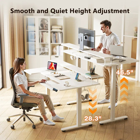 U Shaped Electric Standing Desk with Keyboard Tray and Monitor Stand in use, showcasing adjustable height from 28.3 to 46.5 inches.