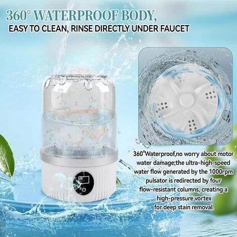 Portable Mini Washing Machine Cordless USB Rechargeable 15W Motor Pocket Travel BFF for Underwear Socks Baby Gear Dorm Fresh Threads Quick Rinse Muscle Mode with 360° waterproof body