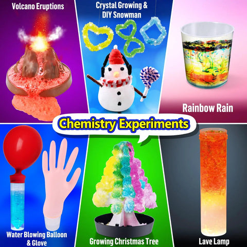 Product image showcasing 24 Day STEM Advent Calendar For Kids With All Inclusive Hands On Science Experiments Kit Featuring Volcano Chemistry Physics Gemstones And Holiday Countdown Gift For Boys And Girls including lava lamp and crystal snowman.
