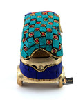 Dope Vintage Brass Auto Rickshaw Miniature Showpiece For Living Room Decor Tabletop Accent Multi Color with turquoise and red stones.