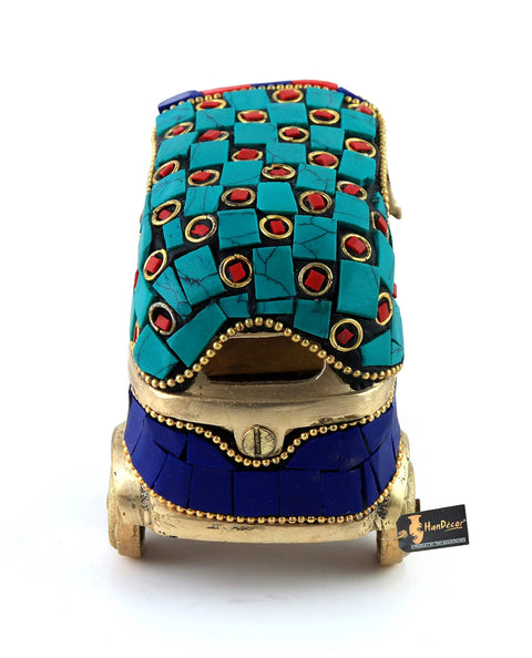 Dope Vintage Brass Auto Rickshaw Miniature Showpiece For Living Room Decor Tabletop Accent Multi Color with turquoise and red stones.