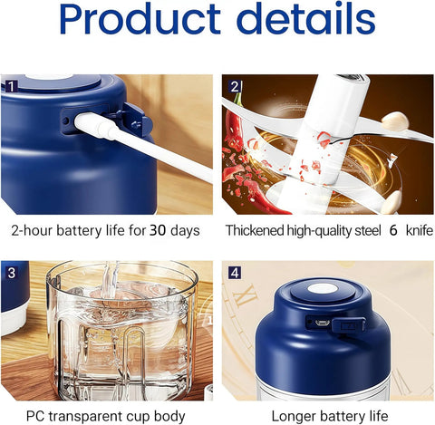 USB Rechargeable Mini Food Processor 320ML With 6 Stainless Blades Electric Garlic Chopper product details with battery, steel blades and cup.