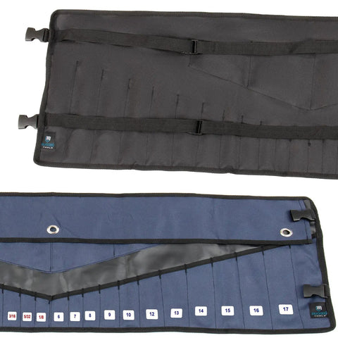 Open Roll Up Wrench Organizer With 24 Slots And Built In SAE And Metric Labels, blue and black tool bag showing labeled pockets.