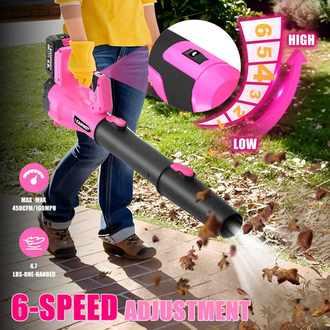 Pink 21V Cordless Leaf Blower With Six Speed Levels, Lightweight Handheld Power Tool Set Includes Two Extended Tubes