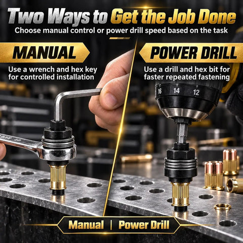 Top Shelf Gcr15 Carbon Steel Rivet Nut Tool Kit with manual wrench and power drill installation options for thin sheet metal.