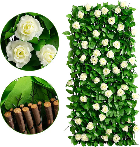 Expandable Faux Ivy Fence Screen for Balcony and Patio 16x45 Inch Closed Expands to 92 Inch Wide Willow Frame with Realistic Ivy and Flowers
