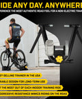 Cyclist using Fluid2 Indoor Bike Trainer For Road And Mountain Bikes With Realistic Road Feel And Progressive Fluid Resistance