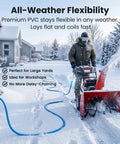 Man using 100 Ft Outdoor Extension Cord Heavy Duty 3 Prong Power Cable With 10/3 Gauge SJEOW Triple Outlet Lighted End in snow.