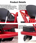 Close-up of 36V Electric Drift Kart For Adults showcasing red frame, safety guardrail, and wheels, 360 degree steering visible