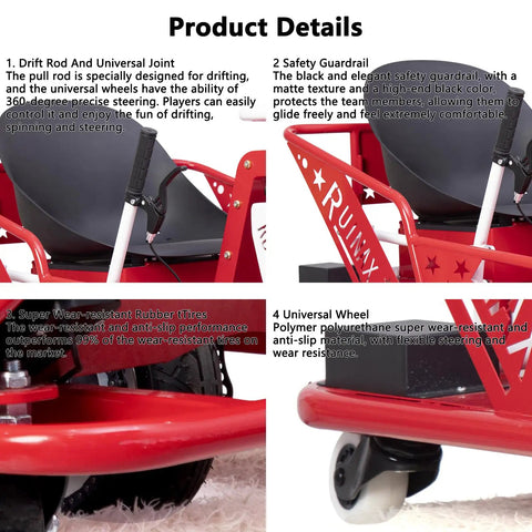 Close-up of 36V Electric Drift Kart For Adults showcasing red frame, safety guardrail, and wheels, 360 degree steering visible