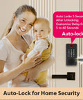 Woman holding baby next to a Smart Door Lock With 5 In 1 Keyless Entry Fingerprint Password App Control IC Card And Key Bluetooth Electronic Lock For Front Door Anti Peeping Password And Quick Secure Home Access For Any Front Door Setup installed on a wood door.