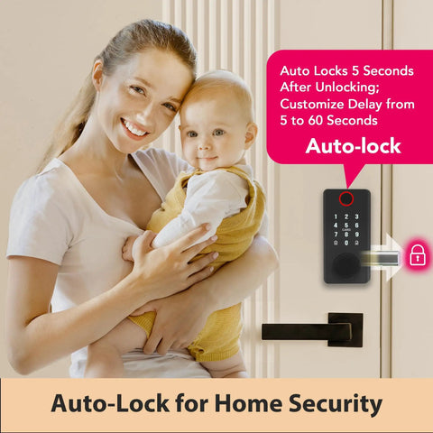 Woman holding baby next to a Smart Door Lock With 5 In 1 Keyless Entry Fingerprint Password App Control IC Card And Key Bluetooth Electronic Lock For Front Door Anti Peeping Password And Quick Secure Home Access For Any Front Door Setup installed on a wood door.