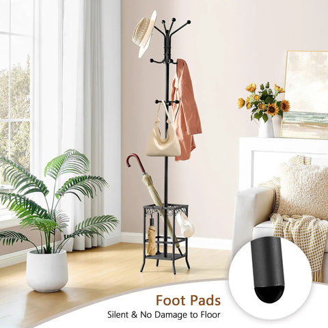 Freestanding Coat Rack With Umbrella Holder, Metal Coat Tree With 12 Hooks, Standing Hanger Stand For Entryway And Home Office