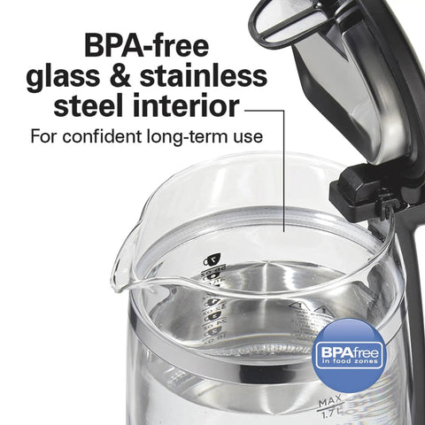 1.7 Liter Glass Electric Kettle With Double Wall Cordless Serving Auto Shutoff And Boil Dry Protection open lid view