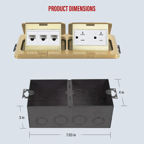 Dual Pop Up Floor Box Kit With Brass Cover, 20A Tamper Resistant Receptacles And RJ45 Data Ports, dimensions shown