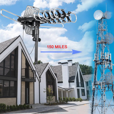 Outdoor TV Antenna With 360 Degree Omni Directional Reception, 150+ Mile Range, 4K Ready for home and broadcast tower