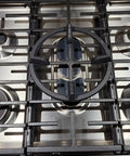 Top view of gas stove with cast iron wok ring support, fits round-bottom woks. Stable high heat cooking base centered on grate.