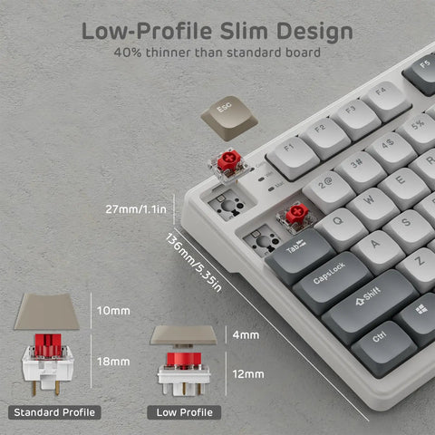 Dope Low Profile Mechanical Keyboard With Smart Display Screen And Rotary Knob Control Wireless Keypad Featuring Custom RGB Backlighting Mac And PC Compatible Tight Compact Design For Epic Desk Builds showing low-profile key switch comparison.
