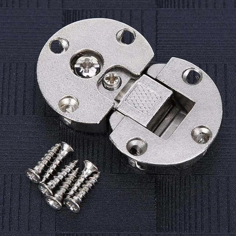 Four Pack Semi Circular Flip Hinges Hidden 90 Degree for Wooden Furniture with screws on black background.
