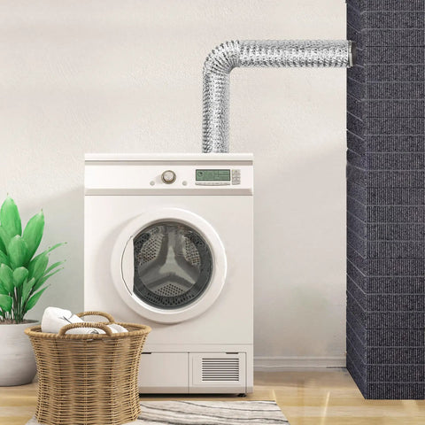 Installed Beefy 4 Inch Dryer Vent Hose For Tight Spaces, Flexible 5 Ft Aluminum Foil Ducting, connected to home dryer
