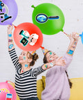 Kids enjoying Science Party Favors Kit with 24 18 Inch Punch Balloons and 48 Pre Cut Temporary Tattoos Beakers Test Tubes Atoms Lab.