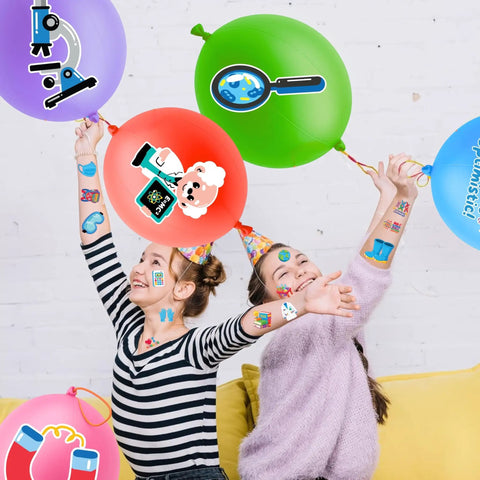 Kids enjoying Science Party Favors Kit with 24 18 Inch Punch Balloons and 48 Pre Cut Temporary Tattoos Beakers Test Tubes Atoms Lab.