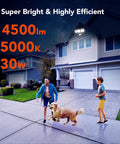 Motion Sensor Outdoor Flood Light With Dusk To Dawn Dimmer And 3 Modes 2800 Lumens 24W White And Warm Adjustable Security Light Exterior Waterproof IP65 Perfect For Porch Front Yard And Home Exterior illuminating driveway with people and dog