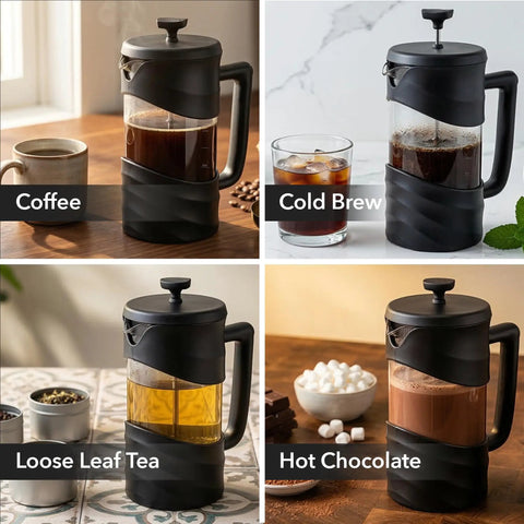 French Press Coffee Maker 20 Oz On The Go With Heat Resistant Borosilicate Glass And Stainless Steel 4 Level Filtration System Portable Cold Brew For Travel Camping Or Gift Black displaying coffee, cold brew, tea, and hot chocolate.