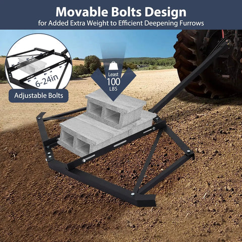 66-Inch Driveway Drag Harrow with 3 Adjustable Bolts and 2 Reinforcement Bars, tow behind for ATVs, shown on dirt with concrete blocks