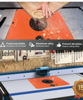 Built Like A Tank Router Lift Platform Heavy Duty Design with aluminum faceplate in use, demonstrating precision woodworking.