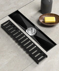 24 Inch Sleek Black Linear Shower Drain With Removable Capsule Pattern Grate Rectangle Floor Drain In 304 Stainless Steel