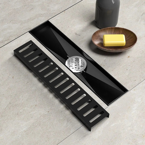 24 Inch Sleek Black Linear Shower Drain With Removable Capsule Pattern Grate Rectangle Floor Drain In 304 Stainless Steel
