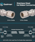 Close-up view of Five Feet Flexible Ice Maker Connector With One Quarter Inch Compression Inlet And Outlet, showing braided stainless steel with nickel plated brass nuts.