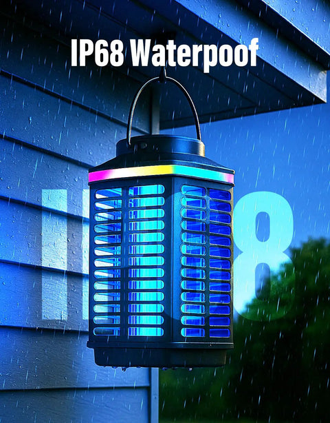 Outdoor Cordless Mosquito Zapper With 4200V Electric Grid And LED Blue Light hanging under eaves in the rain