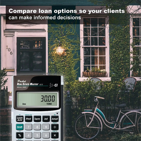 Pocket Real Estate Master Financial Calculator for loan options in front of ivy-covered house and bicycle.