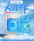 Personal Mini Air Conditioner Fan With 1200ml Water Tank 4 In 1 Evaporative Cooler in cool air graphic at 64°F
