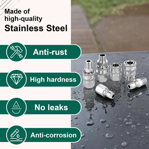 Front view of stainless steel 3/8-inch quick-connect pressure washer fittings set with male and female adapters.