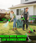 Man and woman using 21V Cordless Weed Wacker And Leaf Blower Combo Kit for yard cleanup, featuring dual batteries and lightweight design.
