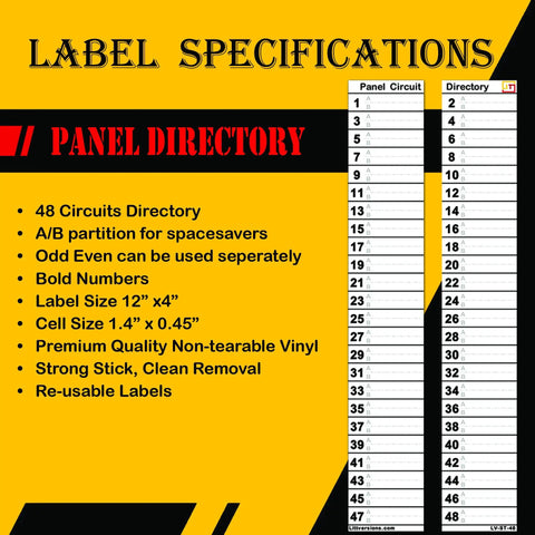 Ultimate All-In-One Electrical Panel Label Kit For Safe Home Wiring: 48-Circuit Directory With specifications list