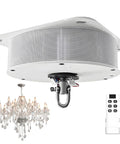 Heavy Duty Electric Chandelier Hoist For Easy Cleaning And Maintenance With 88 To 550 Lbs Load Capacity And 19.6 FT Lifting Range For Big Homes And Shops, showing remote and chandelier.