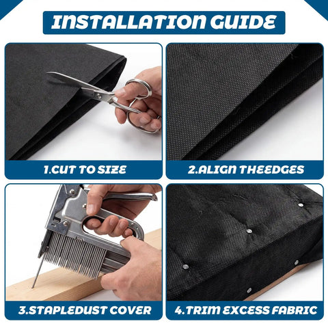 Installation guide for Kick Sag To The Curb With This Boss Level Spring Repair Kit showing cutting, aligning, stapling, and trimming fabric.