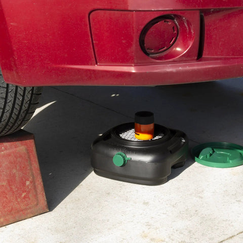 7.3 Quart Oil Drain Pan With Lid Pour Spout And Filter Drain Screen For Automotive Fluids Like Engine Oil Antifreeze Transmission Fluid And More No Mess Spill Free Cleanup For Your Driveway And Garage under car